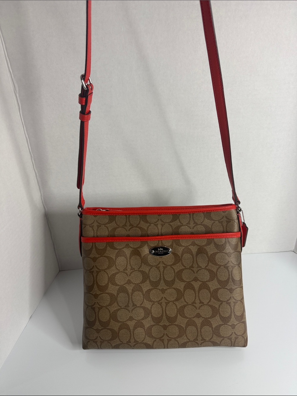 Coach Signature Crossbody File Bag in Khaki with Red Trim F34938
